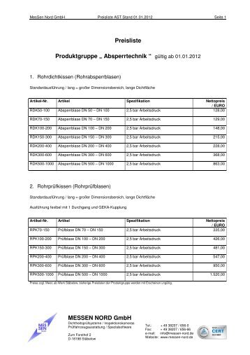 MESSEN NORD GmbH Preisliste Produktgruppe â€ž Absperrtechnik ...