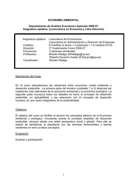 1 ECONOMÃA AMBIENTAL Departamento de AnÃ¡lisis EconÃ³mico ...