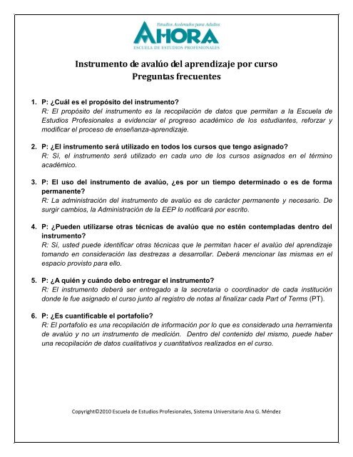 Instrumento de avalúo del aprendizaje por curso Preguntas frecuentes