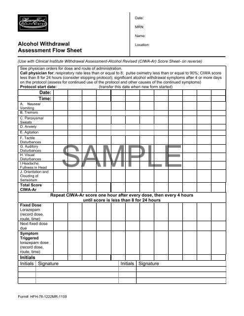 Ciwa Withdrawal Chart