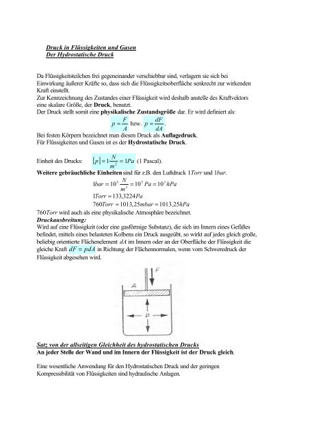 Druck in Flüssigkeiten und Gasen - Sandphysik.de