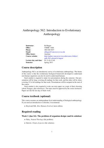 Anthropology 562: Introduction to Evolutionary Anthropology