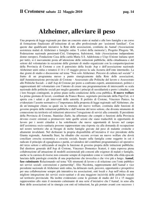 Alzheimer, alleviare il peso - CSV Aurora Crotone