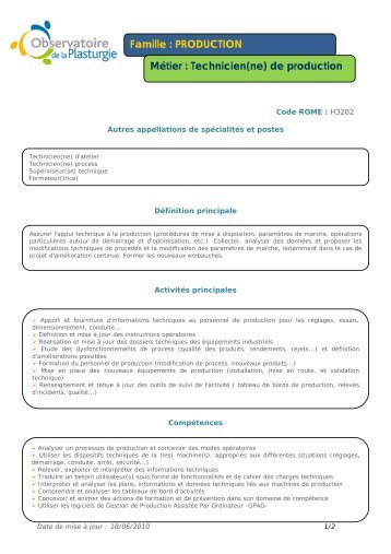 Métier : Technicien(ne) de production - Allize-Plasturgie