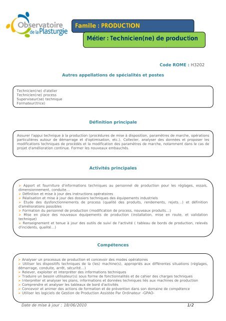 Métier : Technicien(ne) de production - Allize-Plasturgie