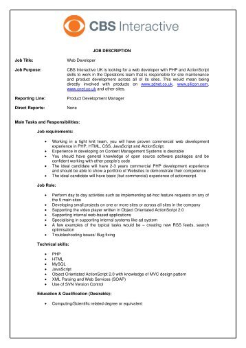 JOB DESCRIPTION Job Title: Web Developer Job Purpose: CBS ...