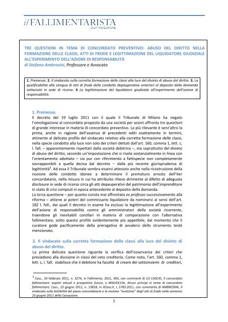 Il Concordato preventivo: abuso del diritto nella formazione delle ...