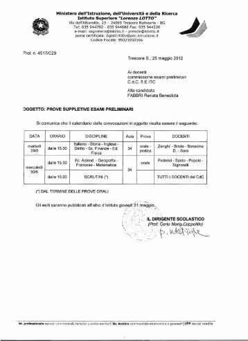 calendario delle prove supplettive per gli esami preliminari - l. lotto