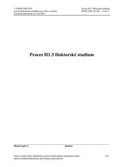 Proces H1.3 DoktorskÃ© studium - VÅ B-TU Ostrava, Fakulta ...