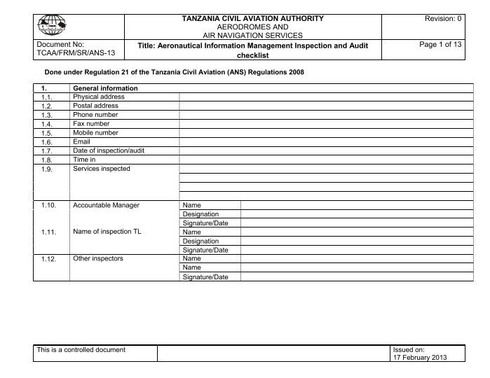 ais inspectors checklist - Tanzania Civil Aviation Authority