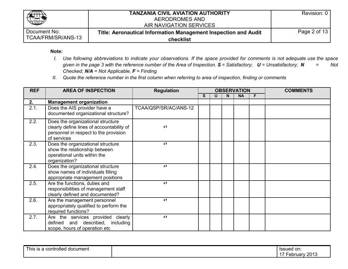 ais inspectors checklist - Tanzania Civil Aviation Authority