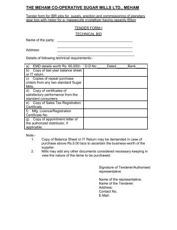 Tender form for IBR jobs for supply, erection and commissioning of ...