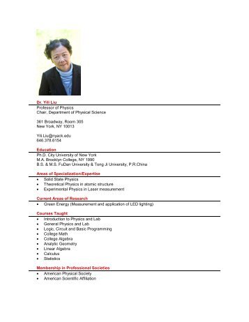 Dr. Yili Liu Professor of Physics Chair, Department ... - Nyack College