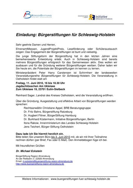 Einladung: Bürgerstiftungen für Schleswig-Holstein - Initiative ...