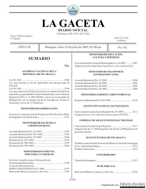 Gaceta Diario Oficial De Nicaragua 142 De 25 Julio 2005
