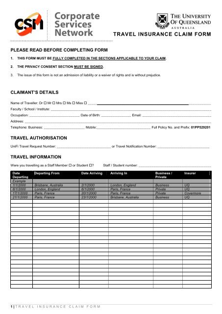 Travel insurance claim form - Finance and Business Services ...