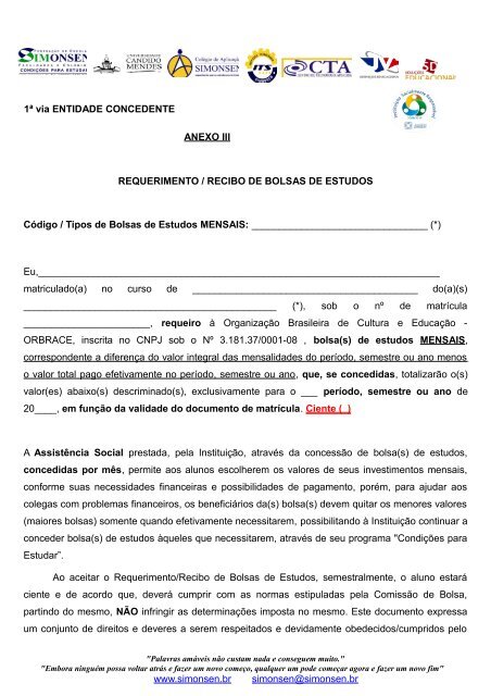 ANEXO III REQUERIMENTO / RECIBO DE BOLSAS DE ESTUDOS ...