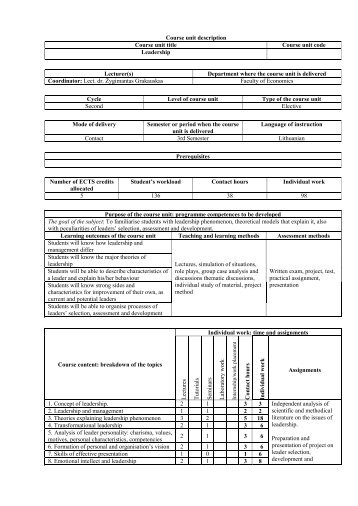 Course unit description Course unit title Course unit code ...