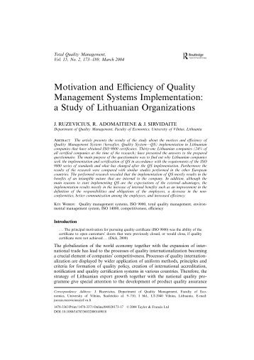 Motivation and Efficiency of Quality Management Systems ...