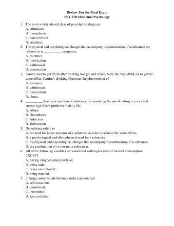 Review Test for Final Exam PSY 250 Abnormal Psychology 1. The ...