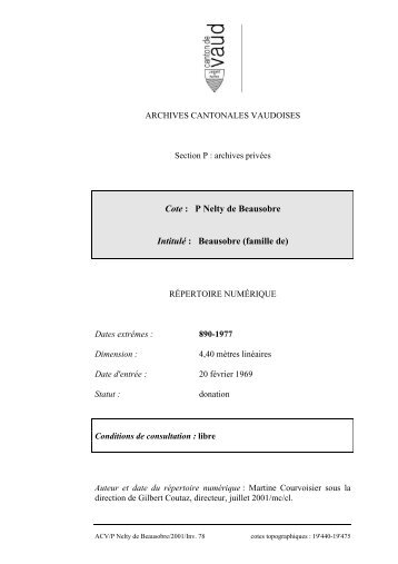 Beausobre (famille de) - Inventaires des Archives Cantonales ...