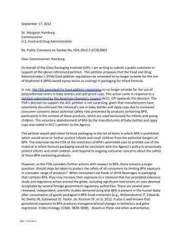 GPI Letter to FDA in Response to Petition Related to Bisphenol-A