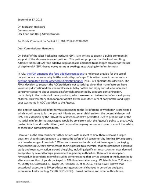 GPI Letter to FDA in Response to Petition Related to Bisphenol-A