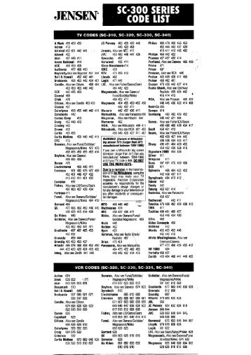 J ENSENÂ° - Universal Remote Control Codes