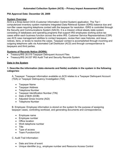 Automated Collection System &#40;ACS&#41; - Internal Revenue Service