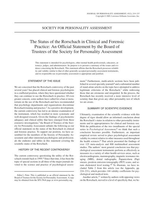 The Status of the Rorschach in Clinical and Forensic Practice: An ...