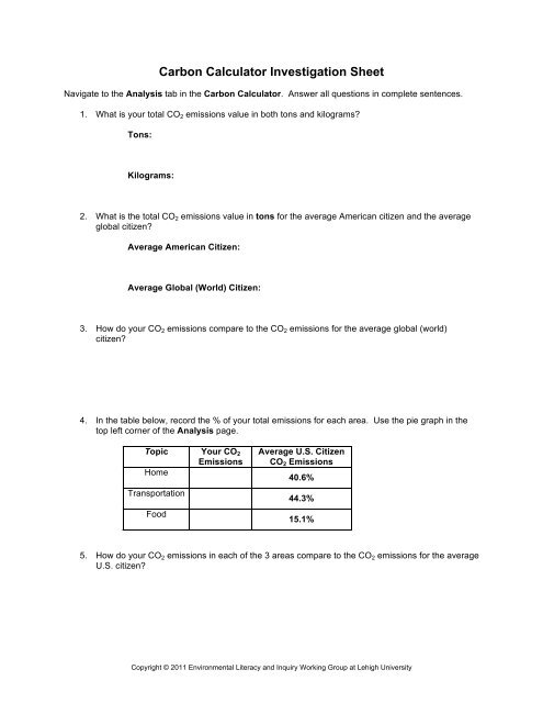 Carbon Calculator Investigation Sheet Lehigh University