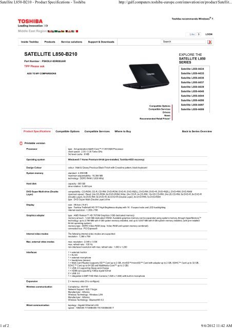 Satellite L850-B210 - Product Specifications - Toshiba - Microcity