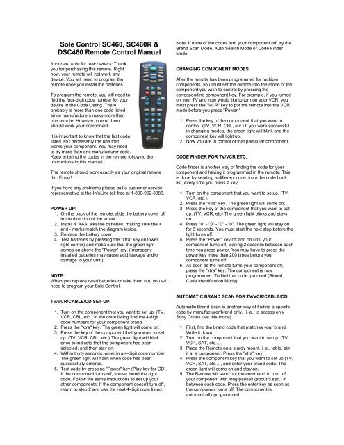 Sole Control SC460 Remote Control Manual - Universal Remote ...