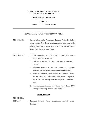 Keputusan Kepala Badan Arsip Propinsi Jawa Timur Nomor 203 ...