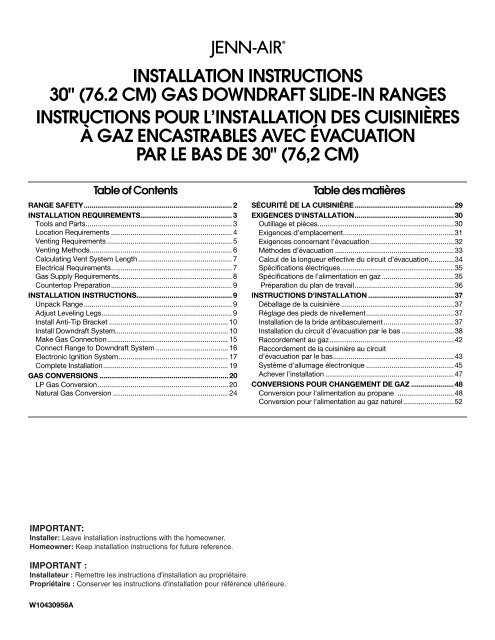 INSTALLATION INSTRUCTIONS 30" (76.2 CM) GAS ... - Jenn-Air