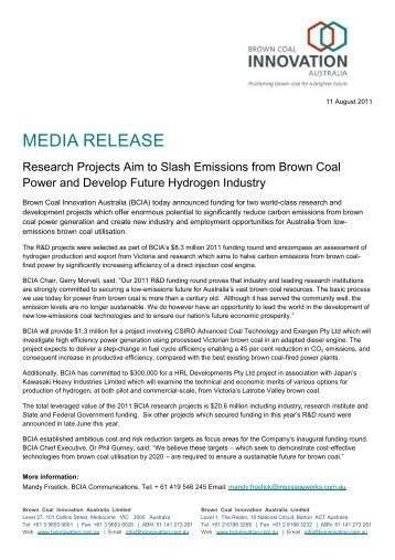 2011 $1.6M R&D Project Funding - Brown Coal Innovation Australia