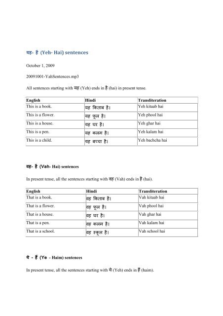 à¤¯à¤¹- à¤¹à¥ (Yeh- Hai) sentences - I Speak Hindi