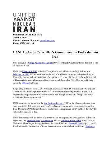 Press Release on March 1, 2010 - United Against Nuclear Iran