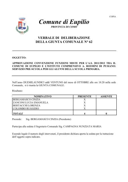 delibera g.c. 62: approvazione convenzione funzioni miste per l'a.s ...