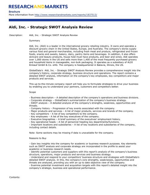 Aldi, Inc. - Strategic SWOT Analysis Review - Research and Markets