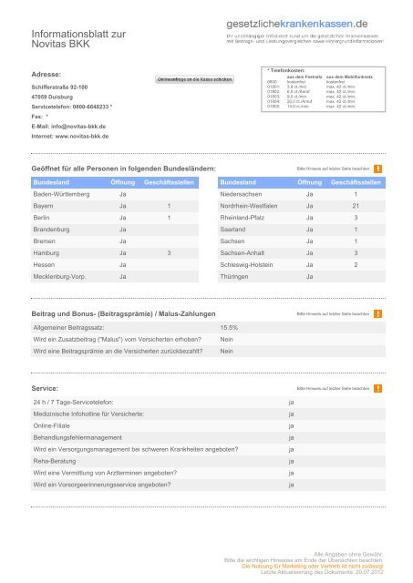 Informationsblatt Zur Novitas Bkk