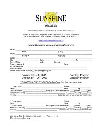 Wisconsin Camp Sunshine Volunteer Application Form October 1st ...