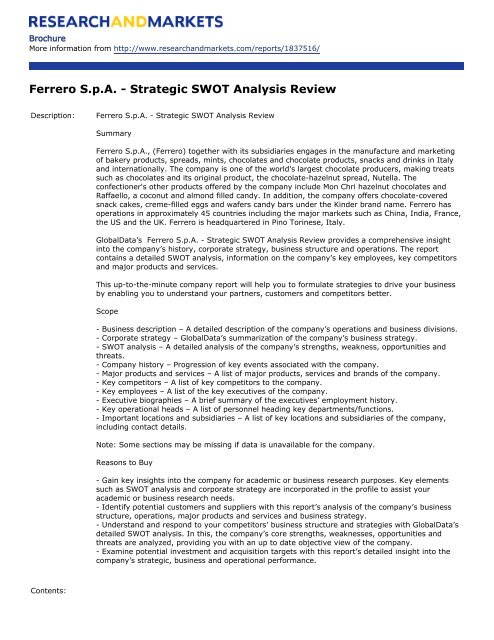 Ferrero S.p.A. - Strategic SWOT Analysis Review - Research and ...