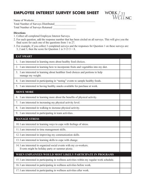 Score Sheet for Employee Interest Survey - Eat Smart, Move More NC