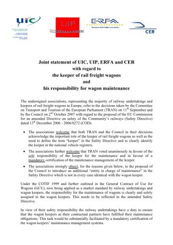Joint statement of UIC, UIP, ERFA and CER the keeper of rail freight ...