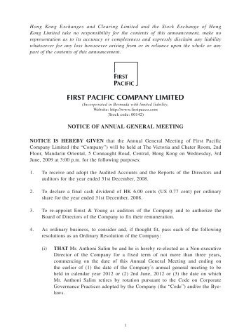 Notice of Annual General Meeting - First Pacific Company Limited