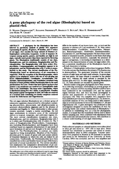 A Gene Phylogeny Of The Red Algae Rhodophyta Based On Plastid A Gene Phylogeny Of The Red Algae Rhodophyta Based On Plastid