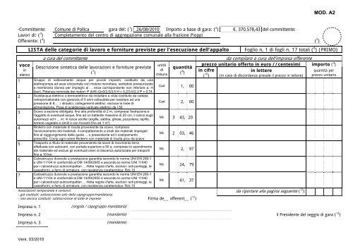 MOD. A2 LISTA delle categorie di lavoro e forniture previste per l ...