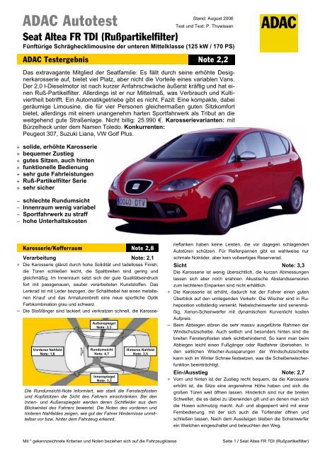 Umfassender Test Seat Altea Fr Tdi Adac