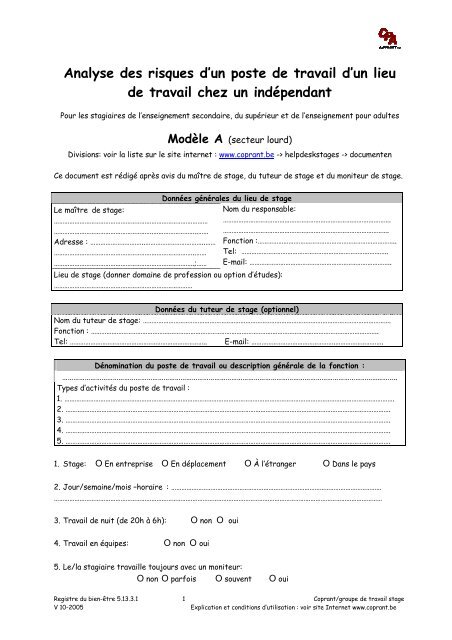 Analyse des risques d'un poste de travail d'un lieu de ... - Safe Start!